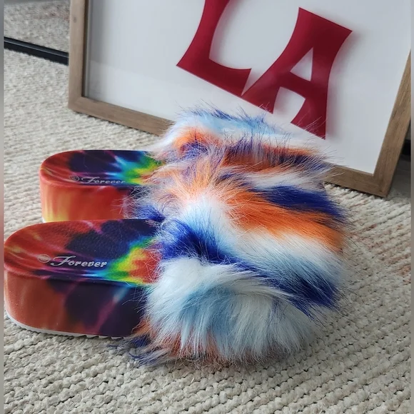 Faux Fur Tie Dye Platform Slides Blue Multi - Picture 4 of 12